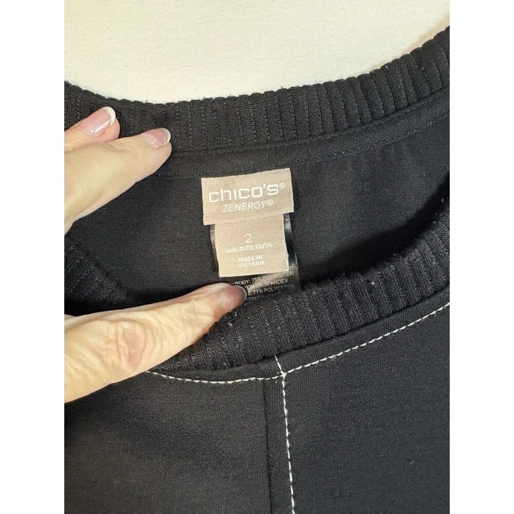 Chico’s Zenergy Black Pullover Sweater Size 2 US 12/14 White Stitch Knit top